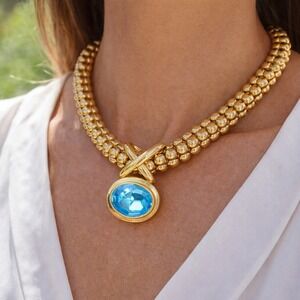 Necklace Vintage Gold Tone Beaded Blue Crystal Pendant Chunky Statement Bold 18"